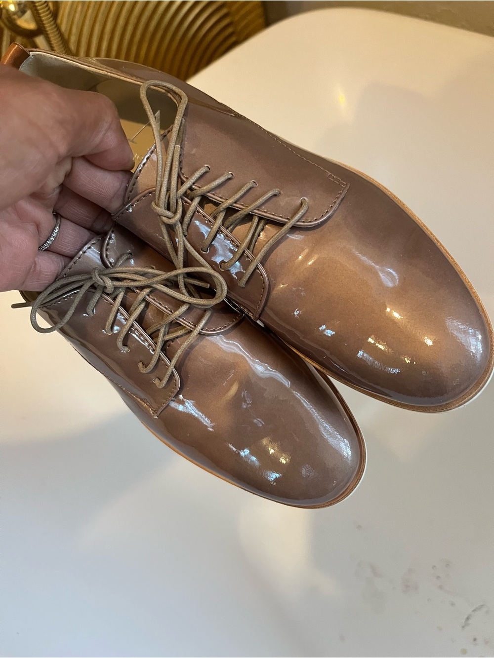 Women's Patent Lace-Up Flats in Taupe